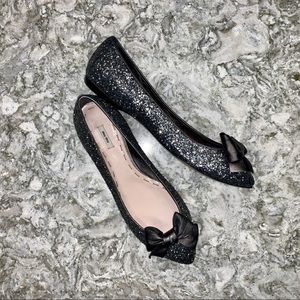 Miu Miu Prada Metallic Glitter Bow Flats
